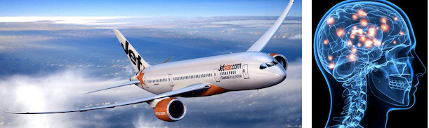 An airliner and a human brain: An example of mechanical and biological 'machines' from which the coordinated operation of their many parts results in properties far greater than the sum of their parts.